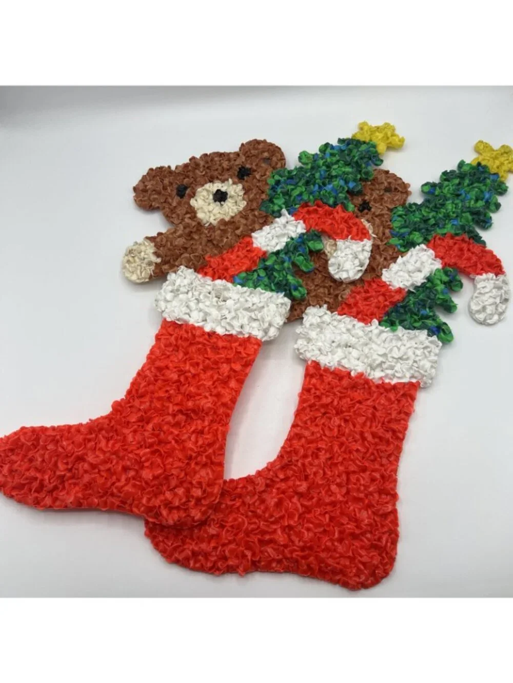 Vintage Melted Plastic Popcorn Lot of 2 Bear Stockings Christmas Decorations